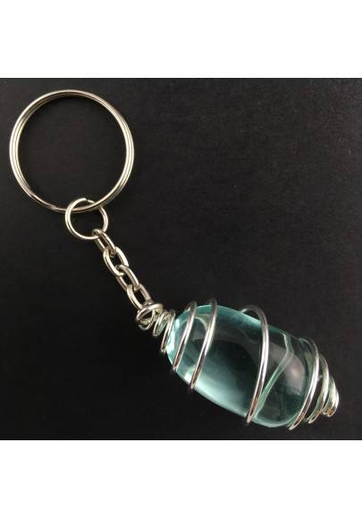 Aqua Blue OBSIDIAN Tumble Stone Keychain Keyring Hand Made on Silver Plated Spiral A+-1