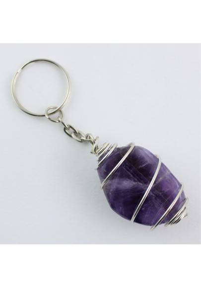 Dogtooth AMETHYST Keychain Keyring - SAGITTARIUS Zodiac Silver Plated Spiral-1