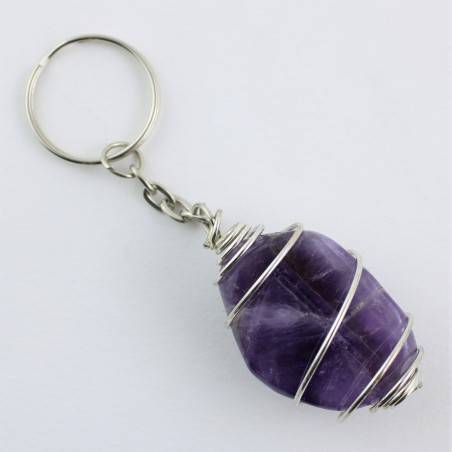 Dogtooth AMETHYST Keychain Keyring - SAGITTARIUS Zodiac Silver Plated Spiral-1