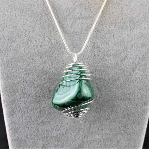 LARGE MALACHITE Pendant Hand Made on SILVER Plated Spiral A+-3