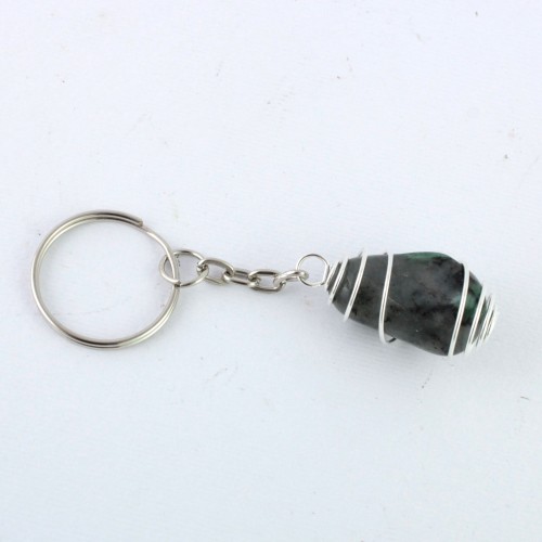 EMERALD Tumbled Keychain Keyring - TAURUS Zodiac Silver Plated Spiral Gift Idea Handmade