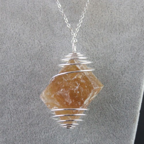 HONEY CALCITE Pendant Rough Hand Made on SILVER Plated Spiral