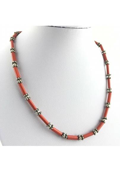 Precious Necklace in Coral Red with Silver Reiki High Quality Jewel  A+-1