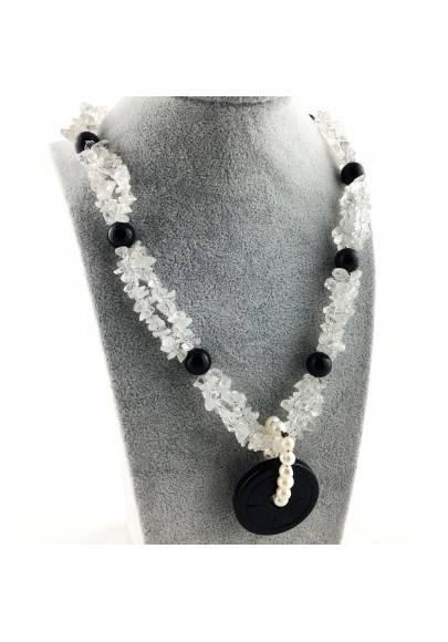 Wonderful Necklace in Black ONIX Hyaline Quartz PEARL Collier MINERALS Jewels A+-1