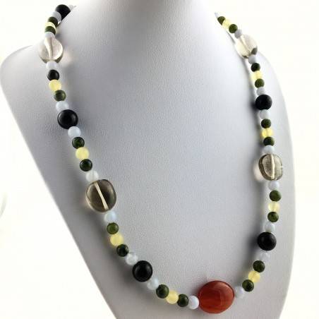 CARNELIAN Black ONIX Hyaline Quartz Chalcedony Jade CALCITE Necklace-1