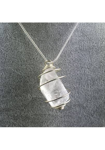 Pendant in Rough Hyaline Quartz Handmade Silver Plated Spiral Necklace-1