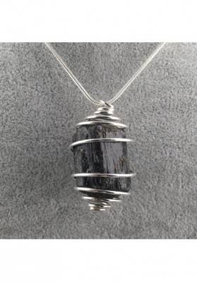 Pendant Rough Black Tourmaline Handmade Silver Plated Spiral-1