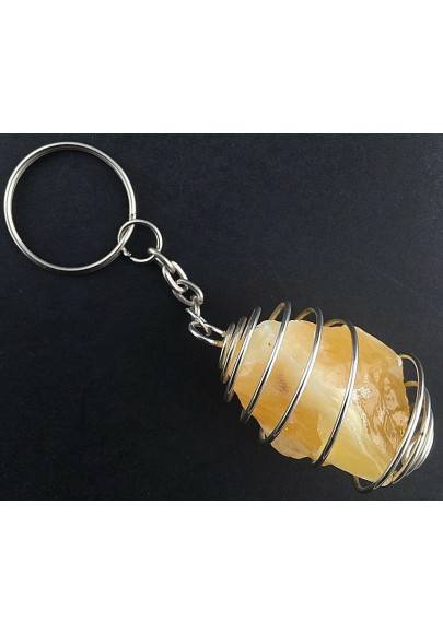 Rough Yellow CALCITE Keychain Keyring Hand Made with Silver Plated Spiral A+-1