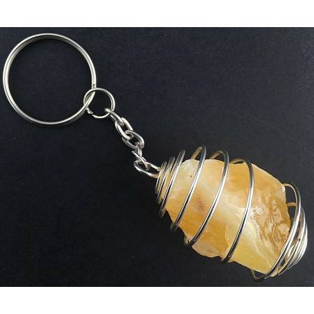 Rough Yellow CALCITE Keychain Keyring Hand Made with Silver Plated Spiral A+-1