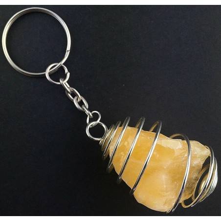 Rough Yellow CALCITE Keychain Keyring Hand Made with Silver Plated Spiral A+-2