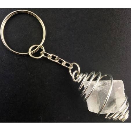 Porte-clés dans CALCITE Brute SPATUS D'ISLANDE Avec Spirale Plaqué Argent A+-2