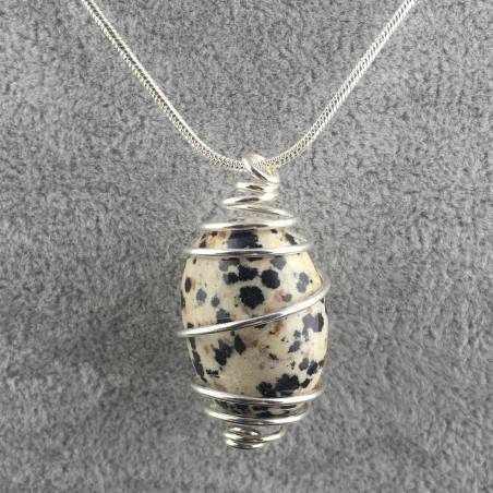 Colgante JASPE DÁLMATA DALMATINA Hecho a Mano Espiral Plata A+-2