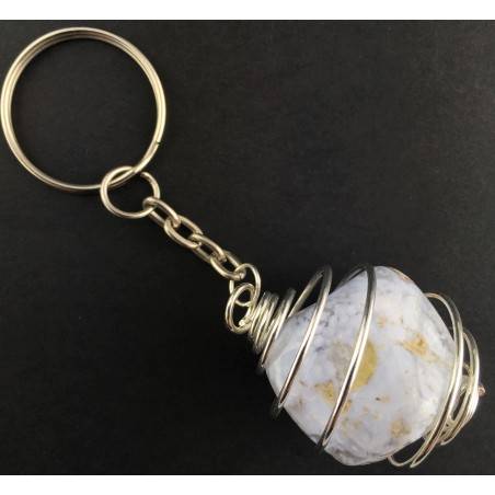 BLUE CHALCEDONY Keychain Keyring - GEMINI SAGITTARIUS Zodiac Silver Plated Spiral-1