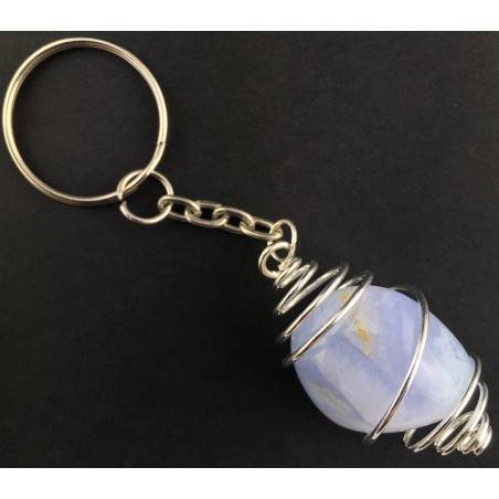BLUE CHALCEDONY Keychain Keyring - GEMINI SAGITTARIUS Zodiac Silver Plated Spiral-3