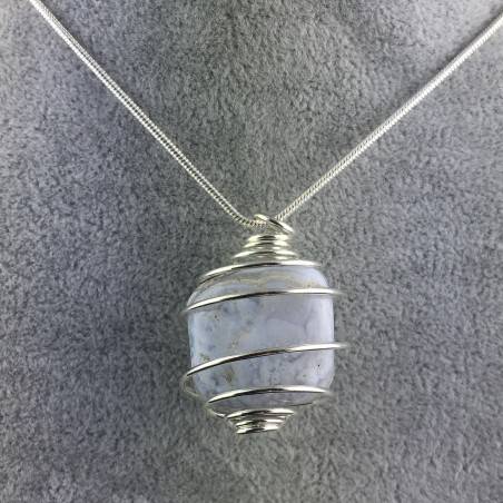 Ciondolo CALCEDONIO BLU Montata Artigianalmente Spirale Placcata Argento A+-4