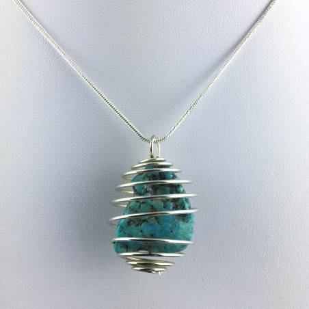 Precious Polished ARIZONA TURQUOISE Pendant Hand Made on Silver Plated Spiral A+-1