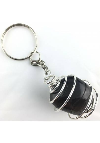 Black OBSIDIAN Keychain Tumbled Stone eyring Handmade Silver Plated Spiral A+-1