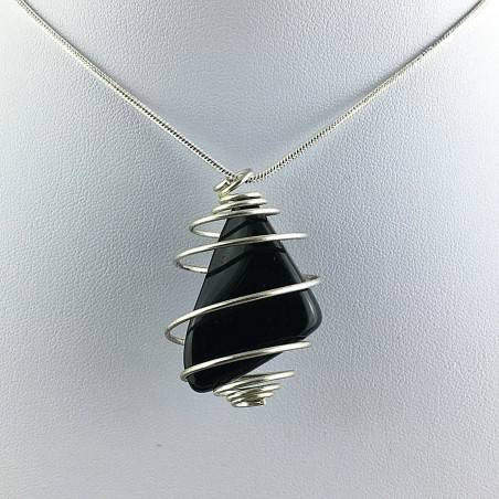 Black Obsidian Tumbled Stones Pendant - CAPRICORN Zodiac Silver Plated Spiral A+-1