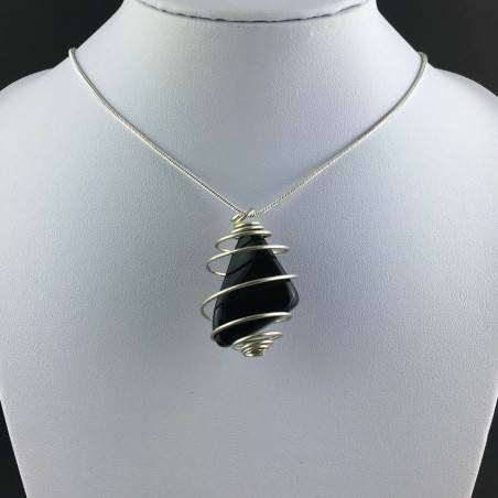 Black Obsidian Tumbled Stones Pendant - CAPRICORN Zodiac Silver Plated Spiral A+-2