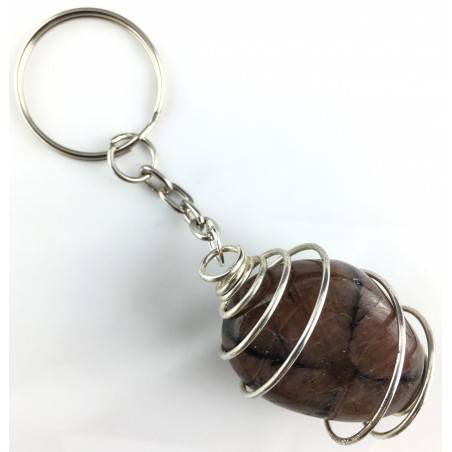 CHIASTOLITE Tumbled Stone Keychain Keyring - LIBRA GEMINI SILVER Plated Spiral A+-1