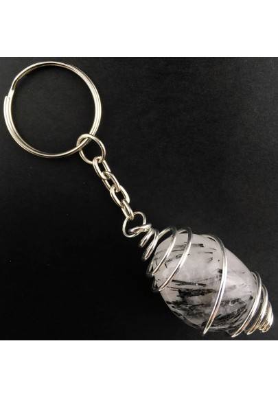 Portachiavi QUARZO TORMALINATO Montata Artigianalmente Spirale Placcata Argento-1