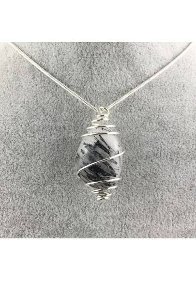 Pendant Quartz with Tourmaline - CANCER SCORPIO Zodiac SILVER Plated Spiral A+-1