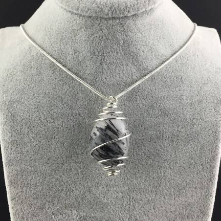 Pendant Quartz with Tourmaline - CANCER SCORPIO Zodiac SILVER Plated Spiral A+-2