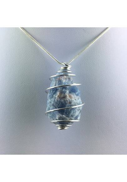 Ciondolo CALCITE BLU GREZZA Montata Artigianalmente Spirale Placcato Argento A+-1