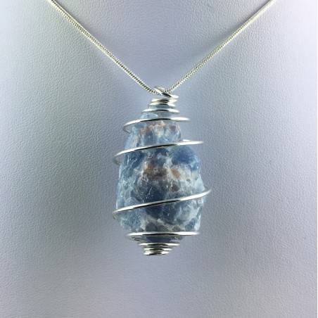 Ciondolo CALCITE BLU GREZZA Montata Artigianalmente Spirale Placcato Argento A+-1