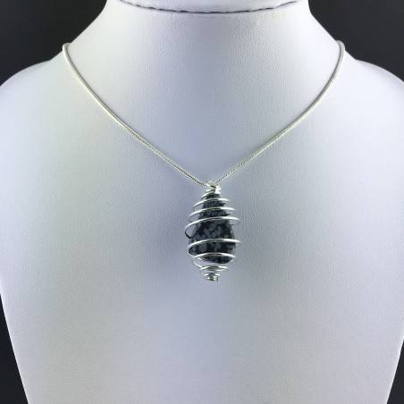 Colgante OBSIDIANA NEVADA - CAPRICORNIO Zodiaco Regalo Espiral Plata A+-5