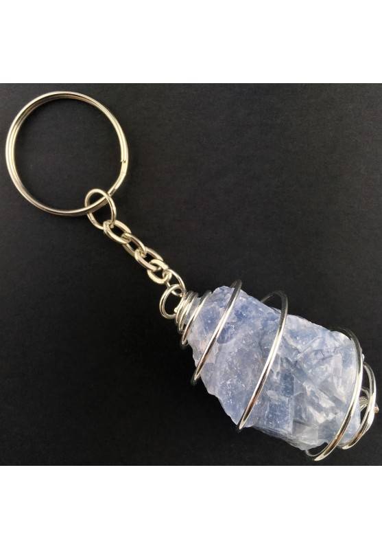 Rough BLUE CALCITE Keychain Keyring Stone Hand Made on Silver Plated Spiral-1