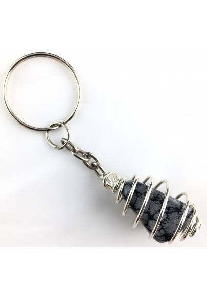 SNOW Obsidian Tumbled Stone Keychain Keyring Hand Made on SILVER Plated Spiral A+-1