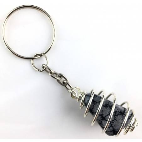SNOW Obsidian Tumbled Stone Keychain Keyring Hand Made on SILVER Plated Spiral A+-1