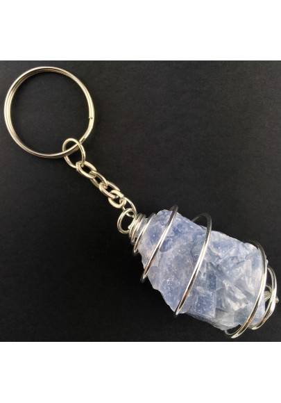 Rough BLUE CALCITE Keychain Keyring Stone - CANCER Zodiac SILVER Plated Spiral Gift Idea-1