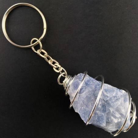 Rough BLUE CALCITE Keychain Keyring Stone - CANCER Zodiac SILVER Plated Spiral Gift Idea-1