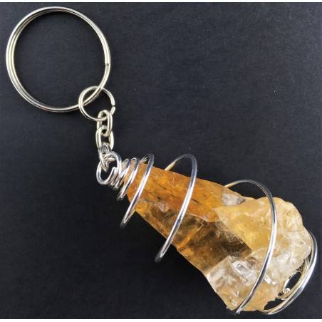 Rough Honey CALCITE Keychain Keyring - VIRGO SAGITTARIUS Zodiac SILVER Plated Spiral-1