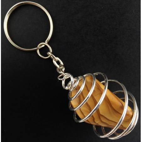 Picture Jasper Sand Stone Tumbled Keychain Keyring - ARIES SILVER Plated Spiral-1
