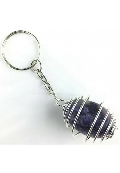 Charoit Tumbled Stone Keychain Keyring Hand Made on Silver Plated Spiral Gift Idea A+-1