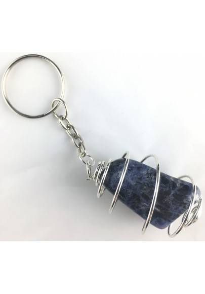 SODALITE Tumbled Keychain Keyring Hand Made on Silver Plated Spiral Gift Idea A+-1