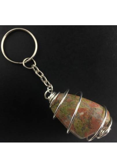 Porte-clés JASPE UNAKITE monté Fabriqué à la main Spirale Plaqué Argent A+-1