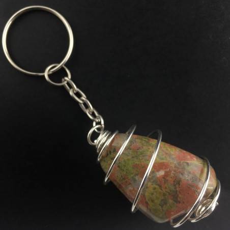Porte-clés JASPE UNAKITE monté Fabriqué à la main Spirale Plaqué Argent A+-1