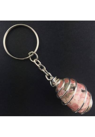 Portachiavi in RODOCROSITE Montata Artigianalmente Spirale Placcata Argento A+-1