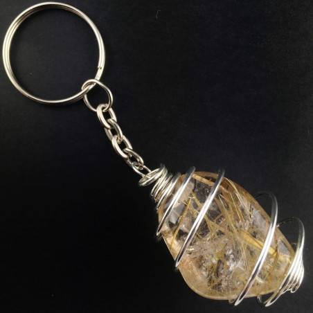 Portachiavi in QUARZO RUTILATO - GEMELLI VERGINE Zodiaco Spirale Argento Regalo-1