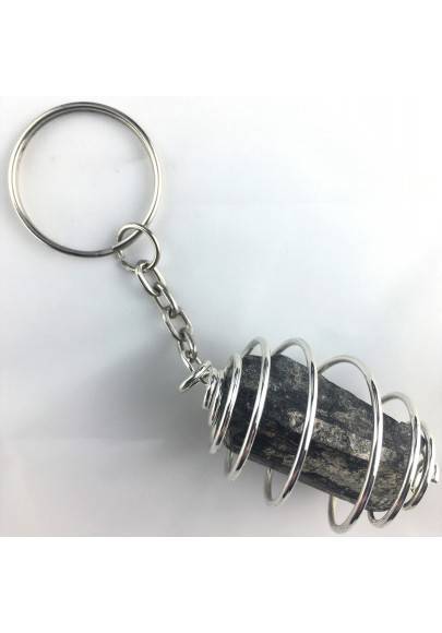 Portachiavi TORMALINA NERA Montata Artigianalmente Spirale Placcato Argento A+-1