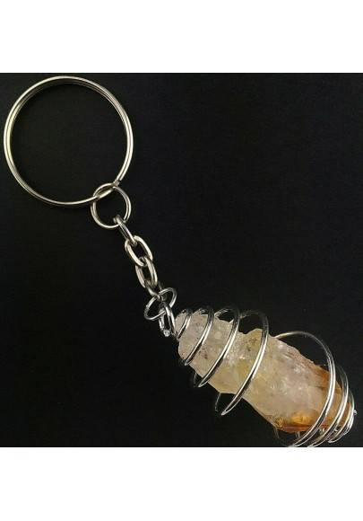 Rough CITRINE Quartz Point Keychain Keyring - CANCER Zodiac Silver Plated Spiral A+-1