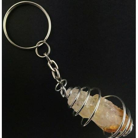 Rough CITRINE Quartz Point Keychain Keyring - CANCER Zodiac Silver Plated Spiral A+-1