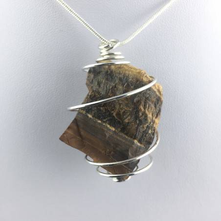 Rough Tiger's Eye Pendant Handmade Necklace Silver Plated Spiral Chain Stone-4