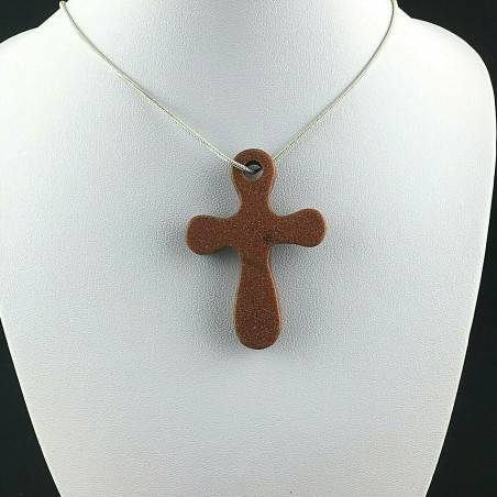 Colgante Artesanal Cruce en Piedra del Sol Roja Venturina Regalo Joya-2