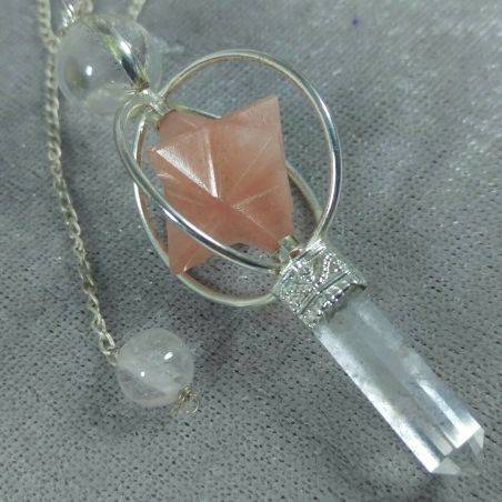 Pendulum in Hyaline Quartz with Rotating Merkaba in Rose Quartz Divination Crystals-1