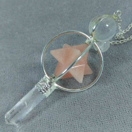 Pendulum in Hyaline Quartz with Rotating Merkaba in Rose Quartz Divination Crystals-4